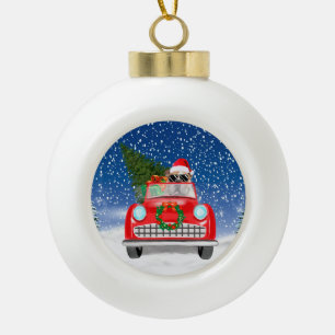 English Bulldog Driving Car In Snow Christmas Ceramic Ball Christmas Ornament