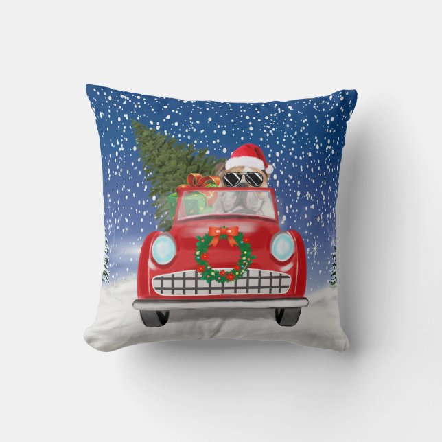 English Bulldog Driving Car In Snow Christmas  Cushion (Front)