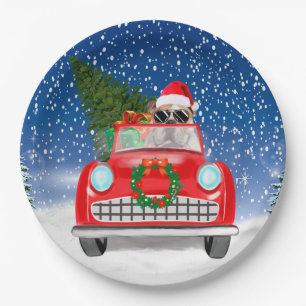 English Bulldog Driving Car In Snow Christmas  Paper Plate