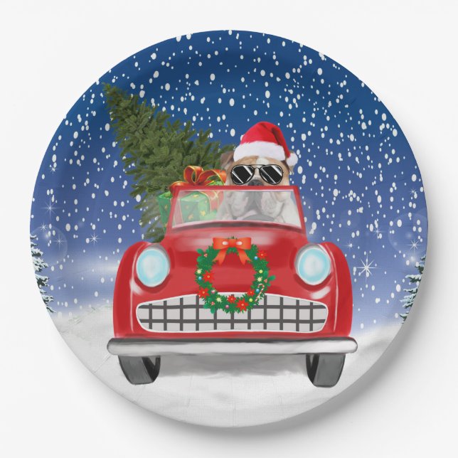 English Bulldog Driving Car In Snow Christmas  Paper Plate (Front)