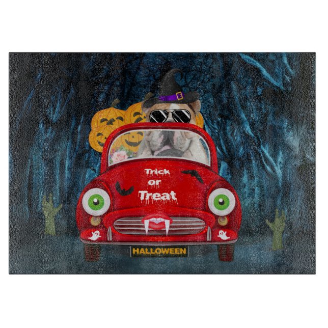 English Bulldog Driving Car Scary Halloween  Cutting Board (Front)