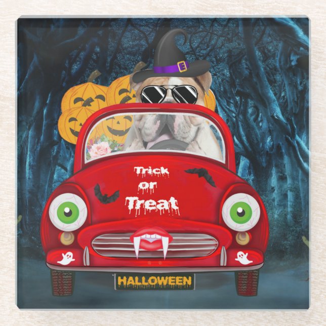 English Bulldog Driving Car Scary Halloween  Glass Coaster (Front)