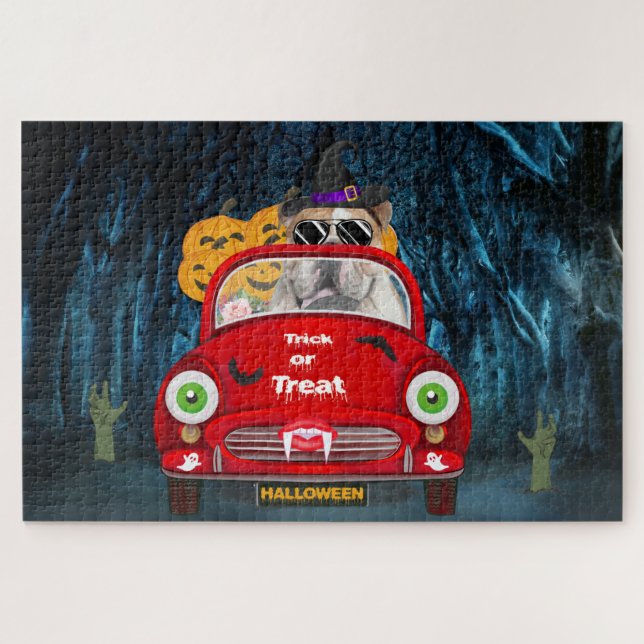 English Bulldog Driving Car Scary Halloween  Jigsaw Puzzle (Horizontal)