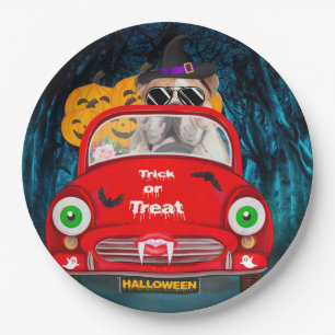English Bulldog Driving Car Scary Halloween  Paper Plate