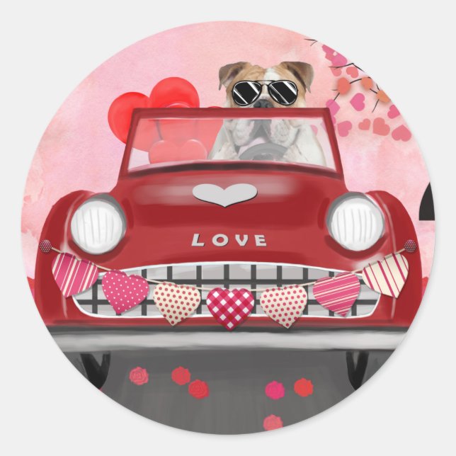 English Bulldog Driving Car with Hearts Valentine' Classic Round Sticker (Front)