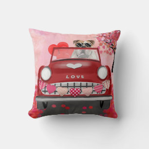 English Bulldog Driving Car with Hearts Valentine' Cushion