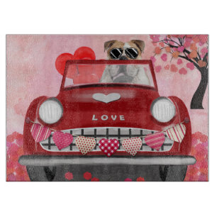 English Bulldog Driving Car with Hearts Valentine' Cutting Board
