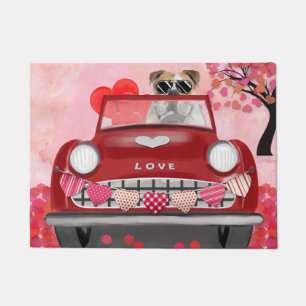 English Bulldog Driving Car with Hearts Valentine' Doormat