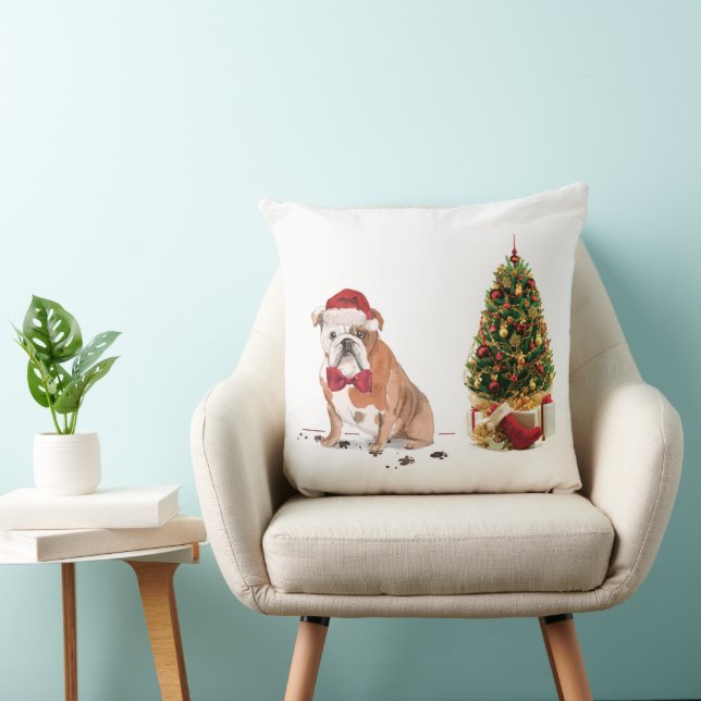 English Bulldog Funny Christmas Dog with Tree Cushion (Chair)