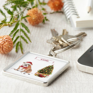 English Bulldog Funny Christmas Dog with Tree Key Ring