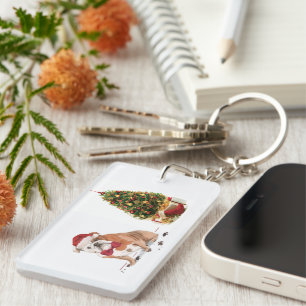 English Bulldog Funny Christmas Dog with Tree Key Ring