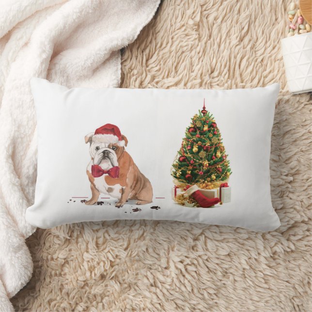 English Bulldog Funny Christmas Dog with Tree Lumbar Cushion (Blanket)