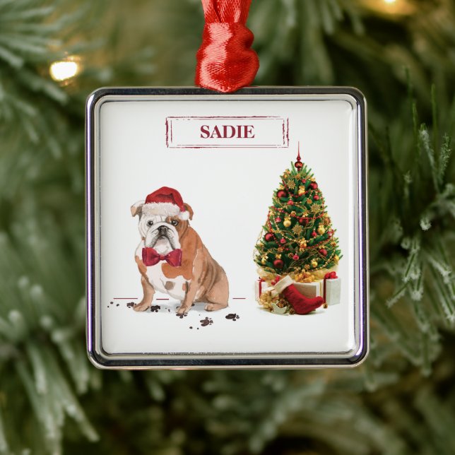 English Bulldog Funny Christmas Dog with Tree Metal Ornament (Tree)