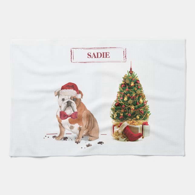 English Bulldog Funny Christmas Dog with Tree Tea Towel (Horizontal)