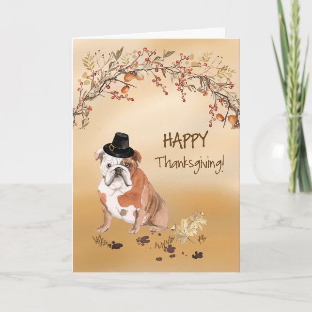 English Bulldog Funny Pilgrim Hat Thanksgiving Card (Front)