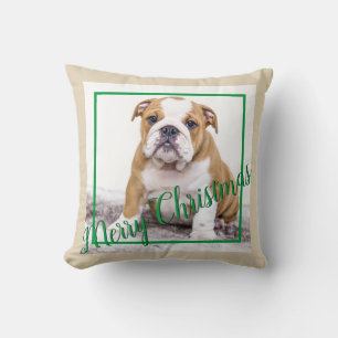 English Bulldog Green Christmas Holiday Photo Cushion