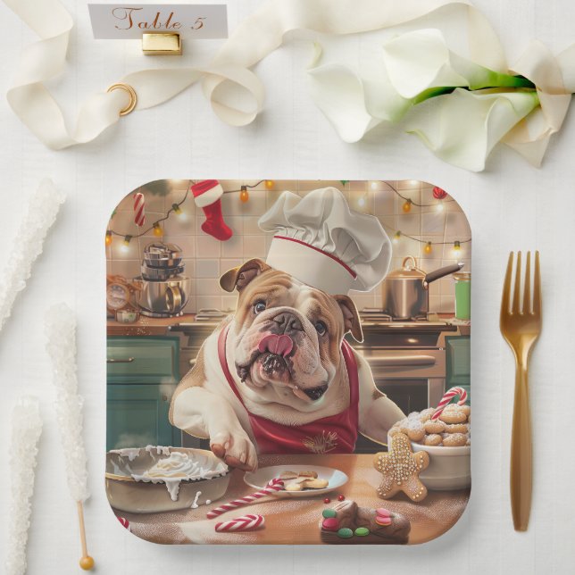 English Bulldog Holiday Baking: Festive Christmas Paper Plate (Wedding)