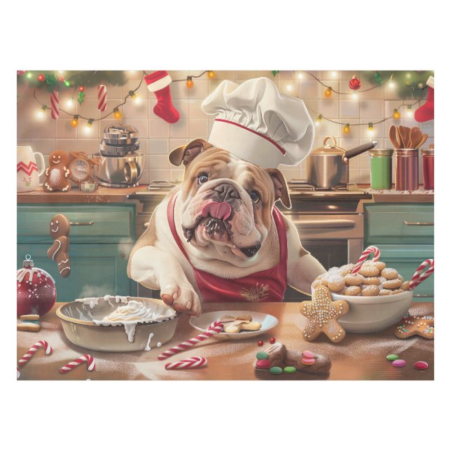 English Bulldog Holiday Baking: Festive Christmas Tablecloth (Front (Horizontal))
