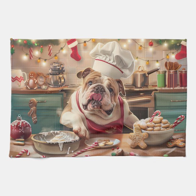 English Bulldog Holiday Baking: Festive Christmas Tea Towel (Horizontal)