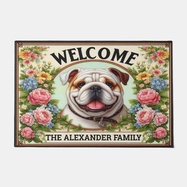 English Bulldog Home Sweet, Floral Framed Welcome Doormat (Front)