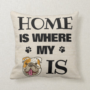 English Bulldog Home Where My Dog Is Cartoon Face Cushion