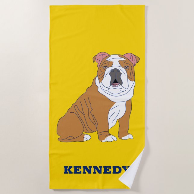 English Bulldog Illustration Personalised Beach Towel (Front)