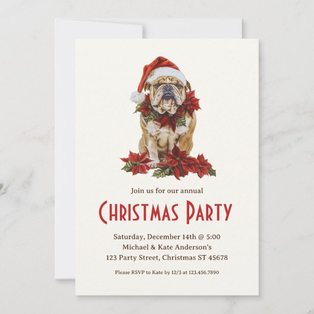 English Bulldog in a Santa Hat Dog Christmas Party Invitation (Front)