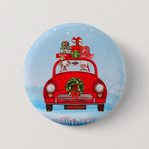 English Bulldog In Car With Santa Claus 6 Cm Round Badge