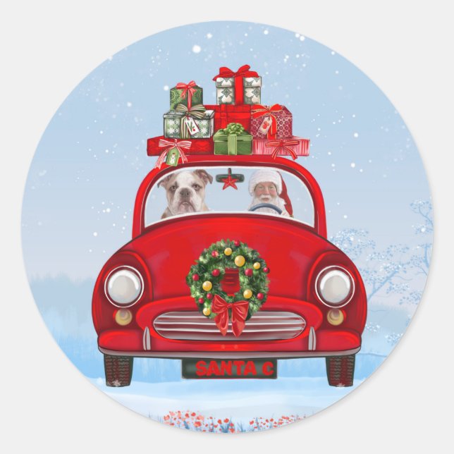 English Bulldog In Car With Santa Claus  Classic Round Sticker (Front)