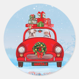 English Bulldog In Car With Santa Claus Classic Round Sticker