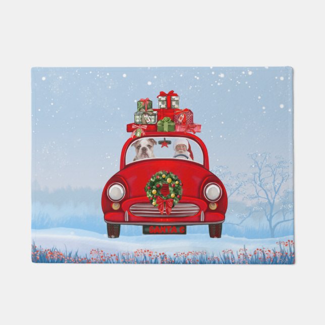 English Bulldog In Car With Santa Claus Doormat (Front)