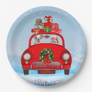 English Bulldog In Car With Santa Claus  Paper Plate