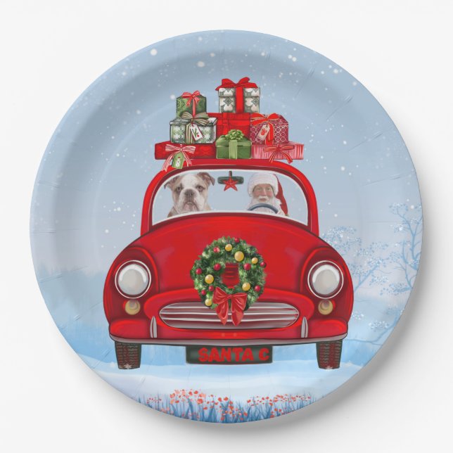 English Bulldog In Car With Santa Claus  Paper Plate (Front)