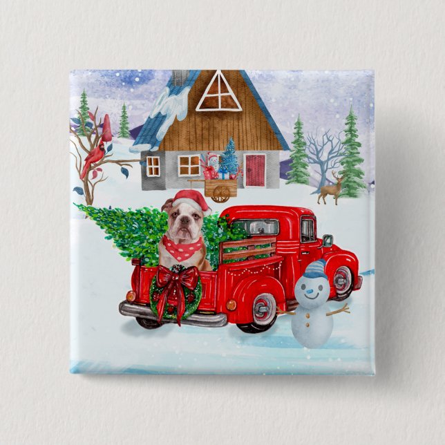 English Bulldog In Christmas Delivery Truck Snow 15 Cm Square Badge (Front)