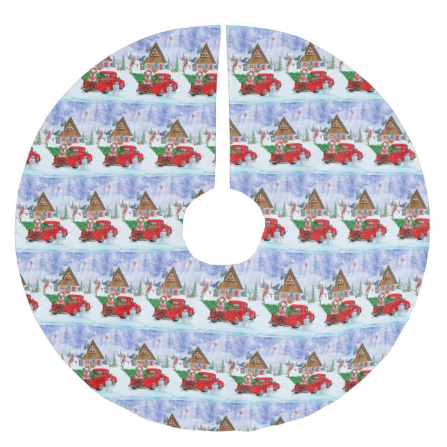 English Bulldog In Christmas Delivery Truck Snow Brushed Polyester Tree Skirt (Front)