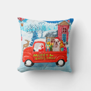 English Bulldog in Christmas Delivery Truck Snow Cushion