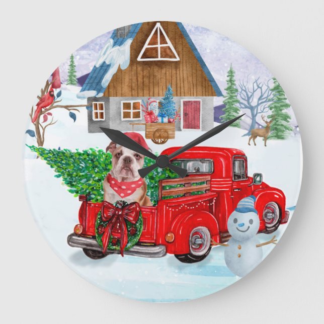 English Bulldog In Christmas Delivery Truck Snow Large Clock (Front)