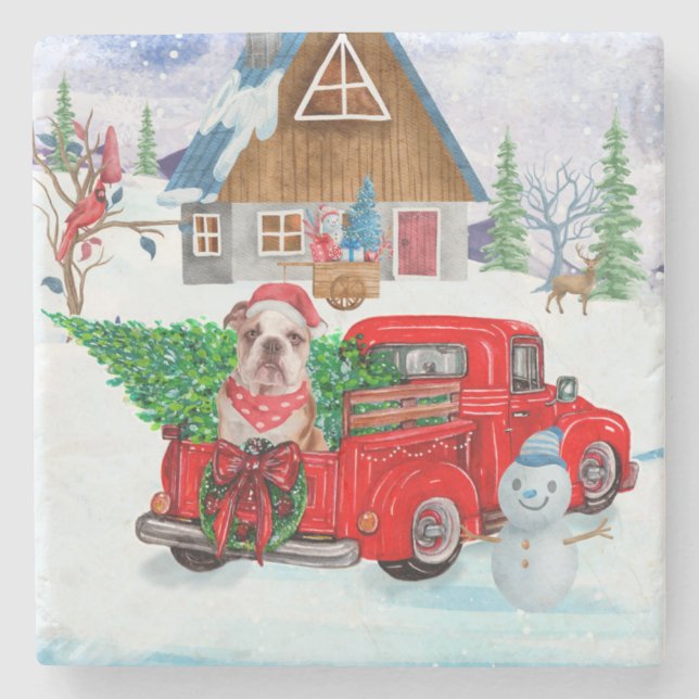 English Bulldog In Christmas Delivery Truck Snow  Stone Coaster (Front)