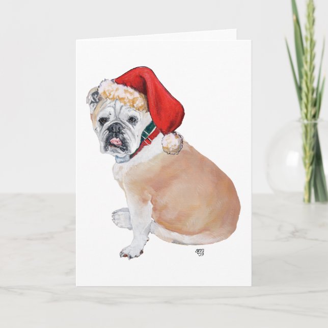 English Bulldog in Santa Hat Holiday Card (Front)