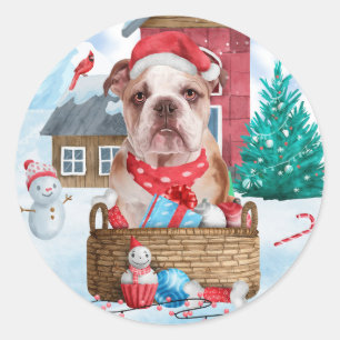 English Bulldog In snow Christmas Dog House Classic Round Sticker