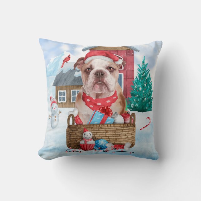 English Bulldog In snow Christmas Dog House  Cushion (Front)