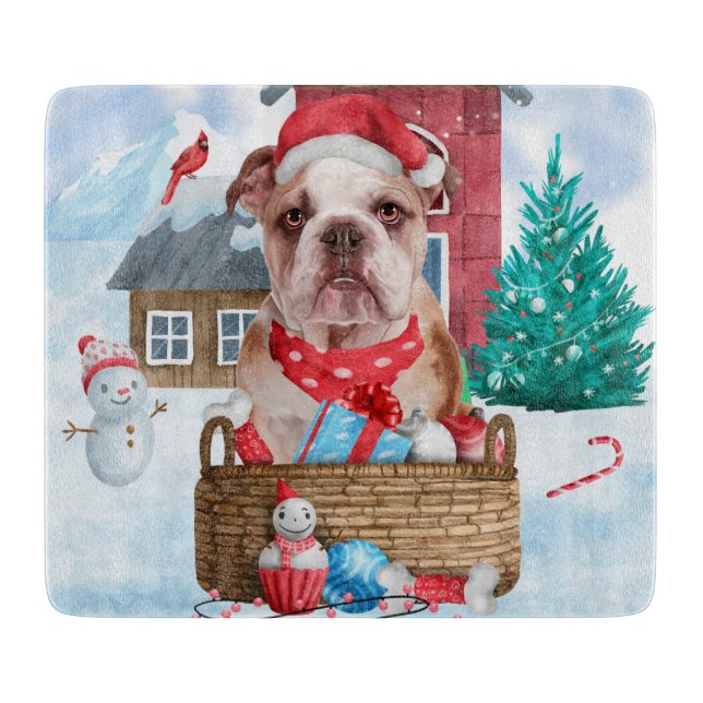 English Bulldog In snow Christmas Dog House Cutting Board (Front)