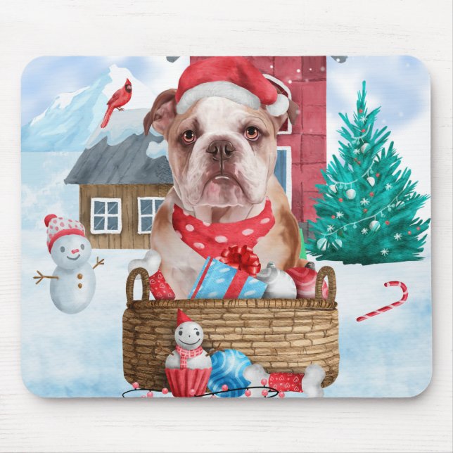 English Bulldog In snow Christmas Dog House Mouse Pad (Front)