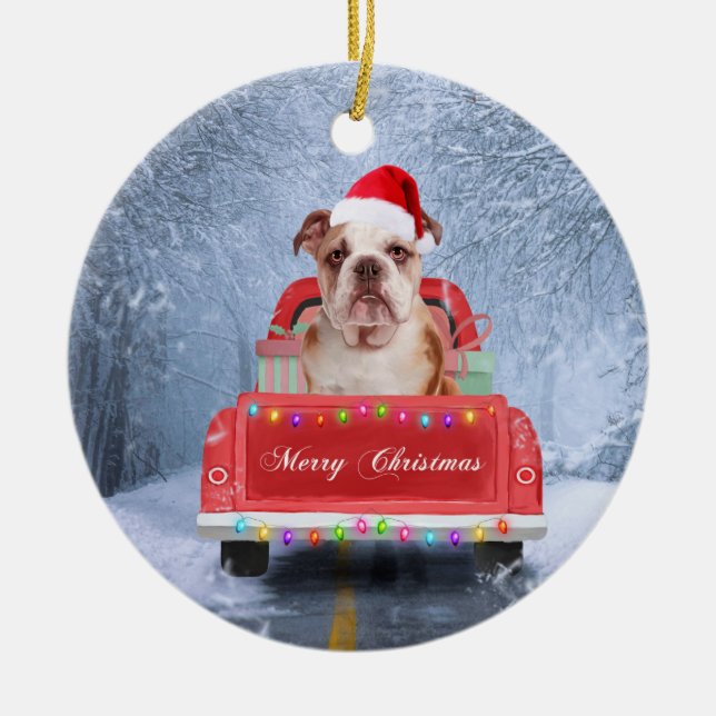 English Bulldog in Snow sitting in Christmas Truck Ceramic Ornament (Front)