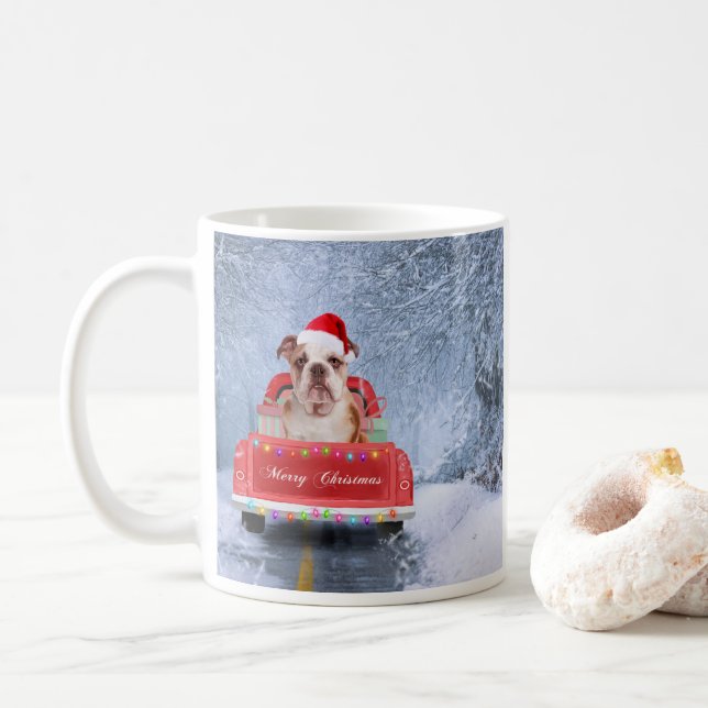 English Bulldog in Snow sitting in Christmas Truck Coffee Mug (With Donut)