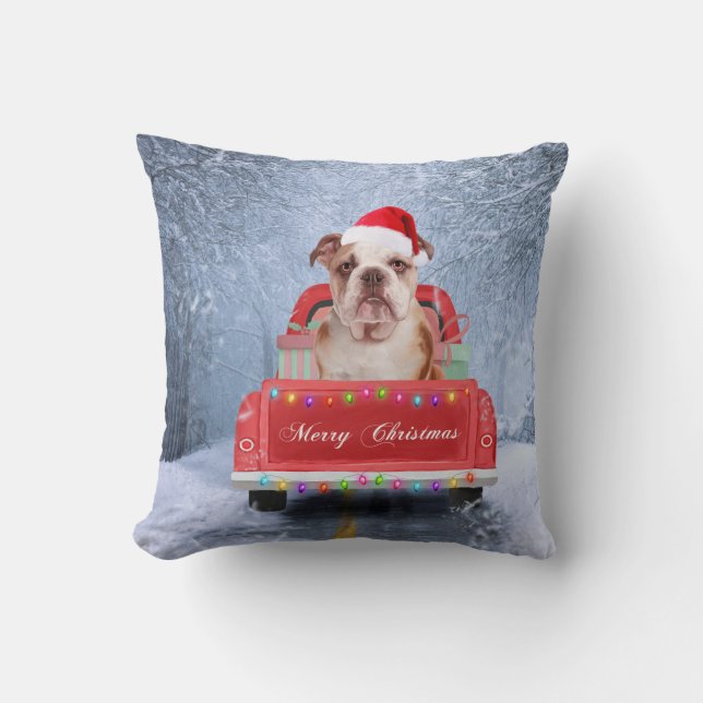 English Bulldog in Snow sitting in Christmas Truck Cushion (Front)