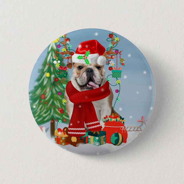 English Bulldog in Snow with Christmas Gifts 6 Cm Round Badge (Front)