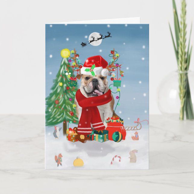English Bulldog in Snow with Christmas Gifts  Card (Front)