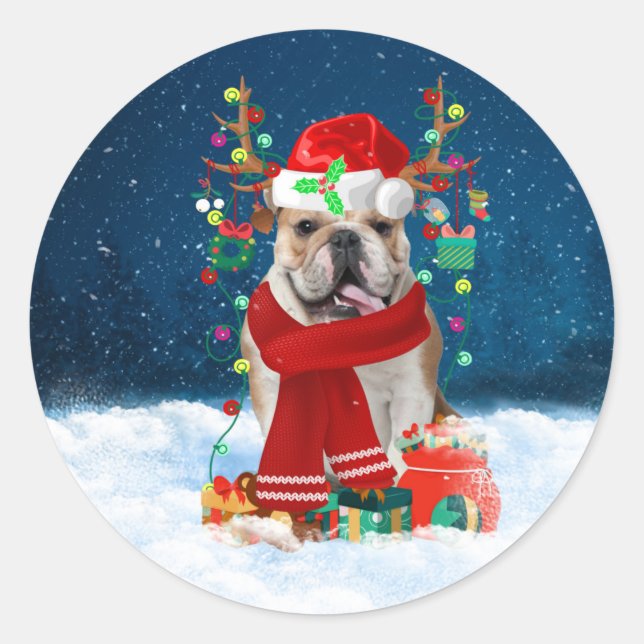 English Bulldog in Snow with Christmas Gifts  Classic Round Sticker (Front)
