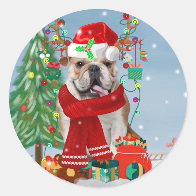 English Bulldog in Snow with Christmas Gifts  Classic Round Sticker (Front)